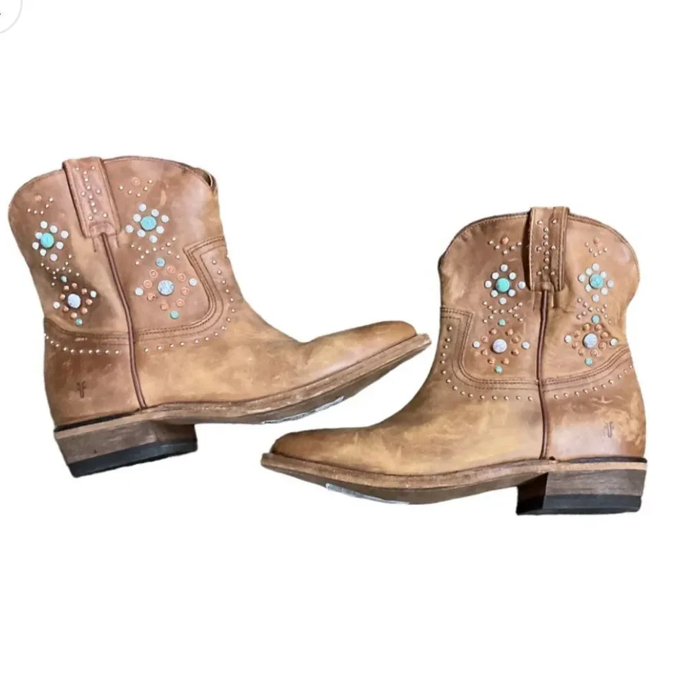 Frye Billy Stone Short Studded Cognac Boots